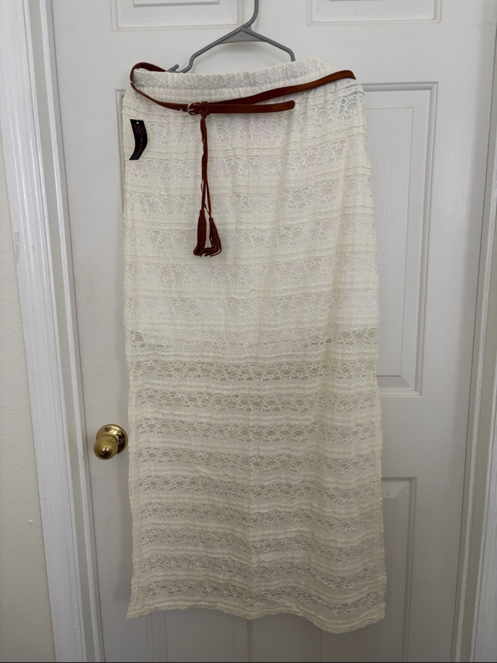 No Boundaries Cream Lace Maxi Skirt with Brown Waist Tie